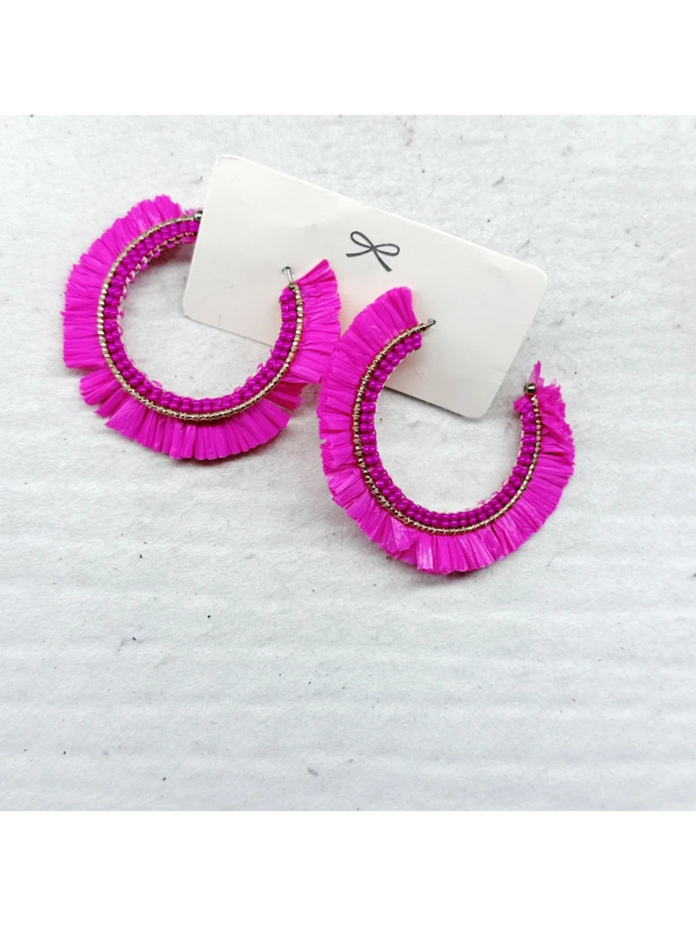 3121mc. Hot Pink Raffia Earrings Goldtone